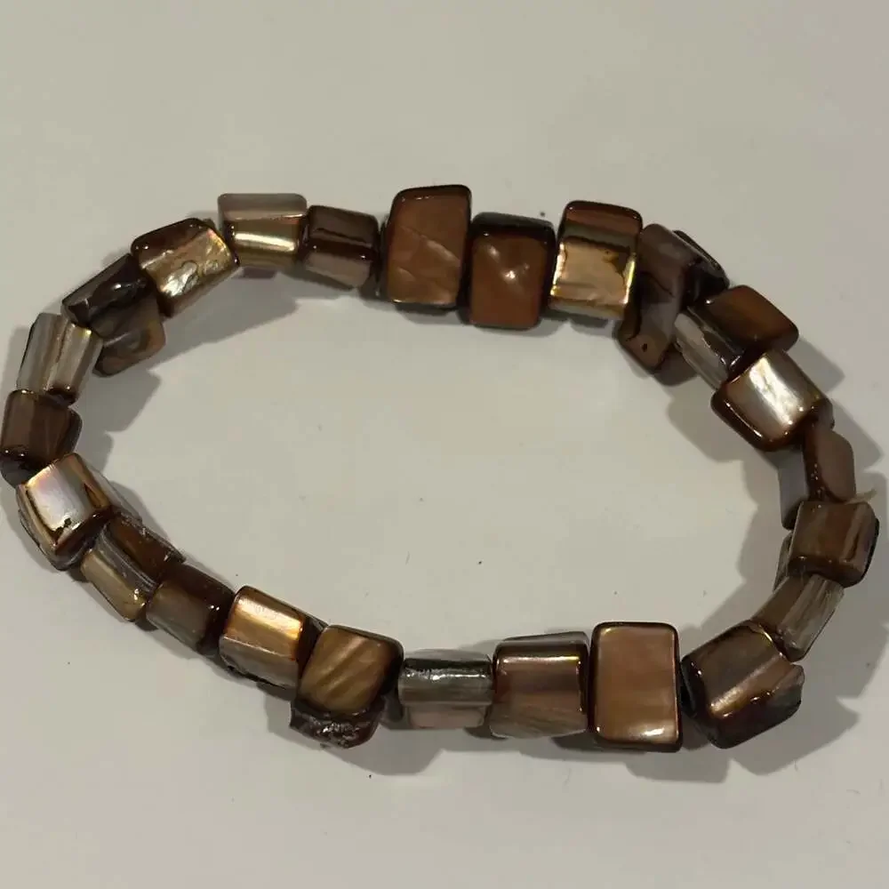 Brown Shell Square iridescent Beaded Stretch Bracelet